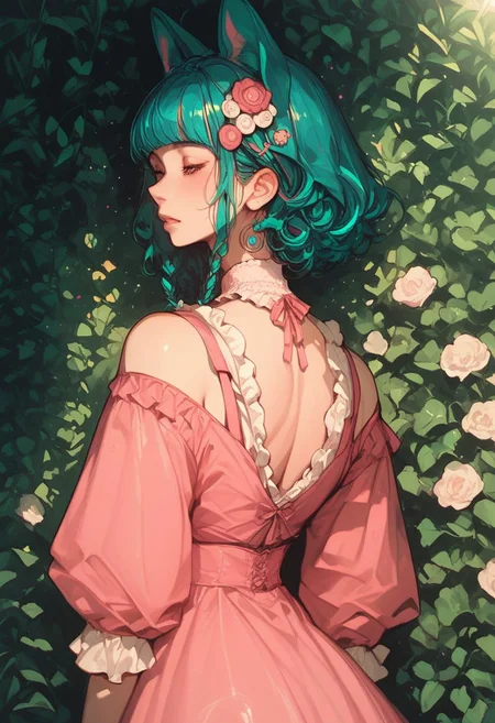 score_9, score_8_up, score_7_up, score_6_up, score_5_up, (art, from behind, (psychedelic), garden, sunlight, dog ears, pink dress, frilled dress, hair ornament, 1girl, shoulder length, teal hair, green streak, blunt bang)