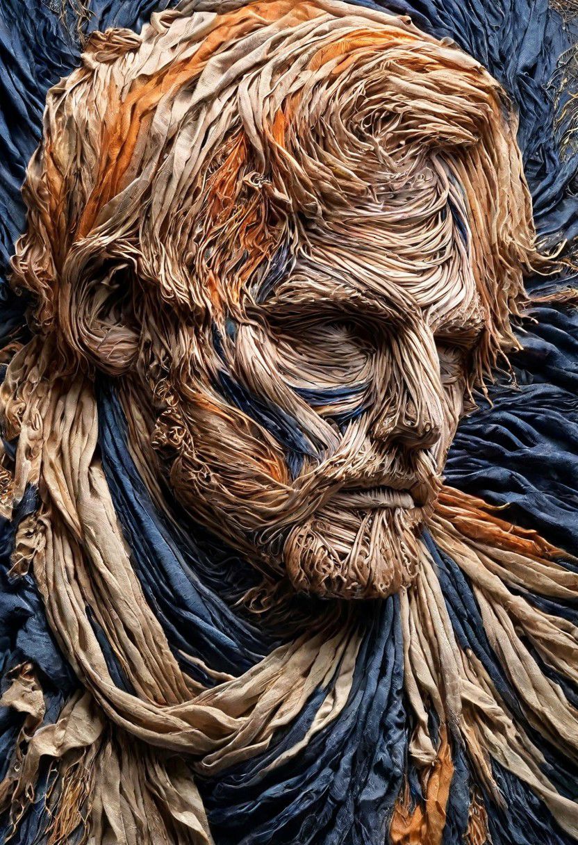 RAW closeup photo, impressive man, macro shot,( dark blue, orange, gold,  embroidery scarf), masterpiece, colorful details, golden threads embroideries, award winning, high detailed, 8k, natural lighting, analog film, amazing composition, intricate details, subsurface scattering, vellus gold hairs, amazing textures, soft light