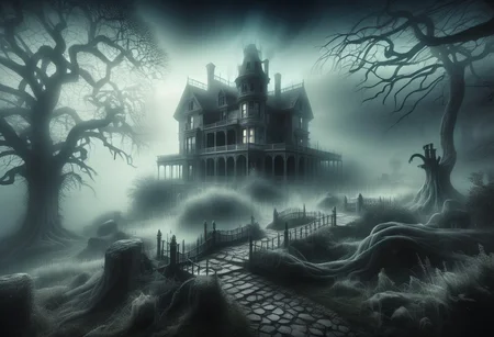 Create an eerie scene titled 'Haunted Landscapes,' featuring a mist-laden valley at twilight. In the foreground, depict a winding cobblestone path through an overgrown field, flanked by twisted, gnarled trees with branches resembling skeletal fingers. In the midground, illustrate a dilapidated Victorian mansion on a hill, its broken windows glowing with ghostly light, hinting at restless spirits inside. Surround the mansion with a dark forest of towering, hollow trees, shrouded in swirling fog. In the distance, include a crumbling stone bridge over a dark swamp, with ghostly figures faintly visible in the water. The overall mood should evoke mystery and dread, capturing a haunting atmosphere where the supernatural whispers through the landscape.