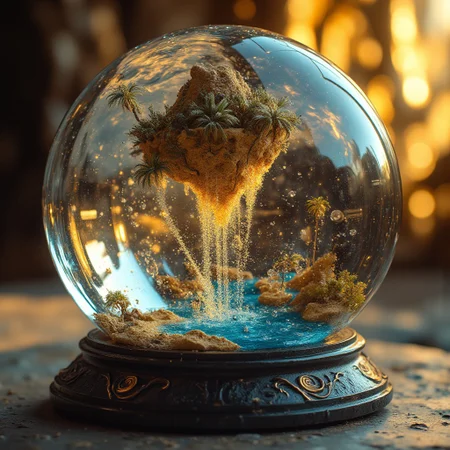 Improved cinematic photo, 35mm photograph, film, professional, 4k, highly detailed, aidmaMJ6.1,
A delicate snow globe encasing a floating, inverted desert oasis,
The snow globe is a flawlessly clear sphere, its surface gleaming with frosty accents along the edges. Inside, a surreal desert oasis is inverted, with the golden dunes and vibrant green palm trees suspended upside down, defying gravity. A shimmering blue pool of water hangs in mid-air, droplets floating around it as if caught in zero gravity.
Tiny grains of sand drift within the globe like snowflakes, creating a mesmerizing effect as they sparkle in the light. The globe rests on a base made of polished black obsidian, with intricate carvings of swirling wind patterns. The background is blurred with warm, golden hues, evoking the glow of a setting sun. This composition fuses the harsh beauty of the desert with the magical, otherworldly quality of an inverted reality, encased in a fragile, timeless globe.