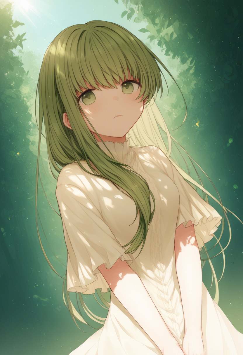 cecilia, score_9, score_8_up, score_7_up, 1girl, solo, light particles, rimlight, shade, green hair, green eyes, outdoors<lora:kazutake hazano xl 033:1>