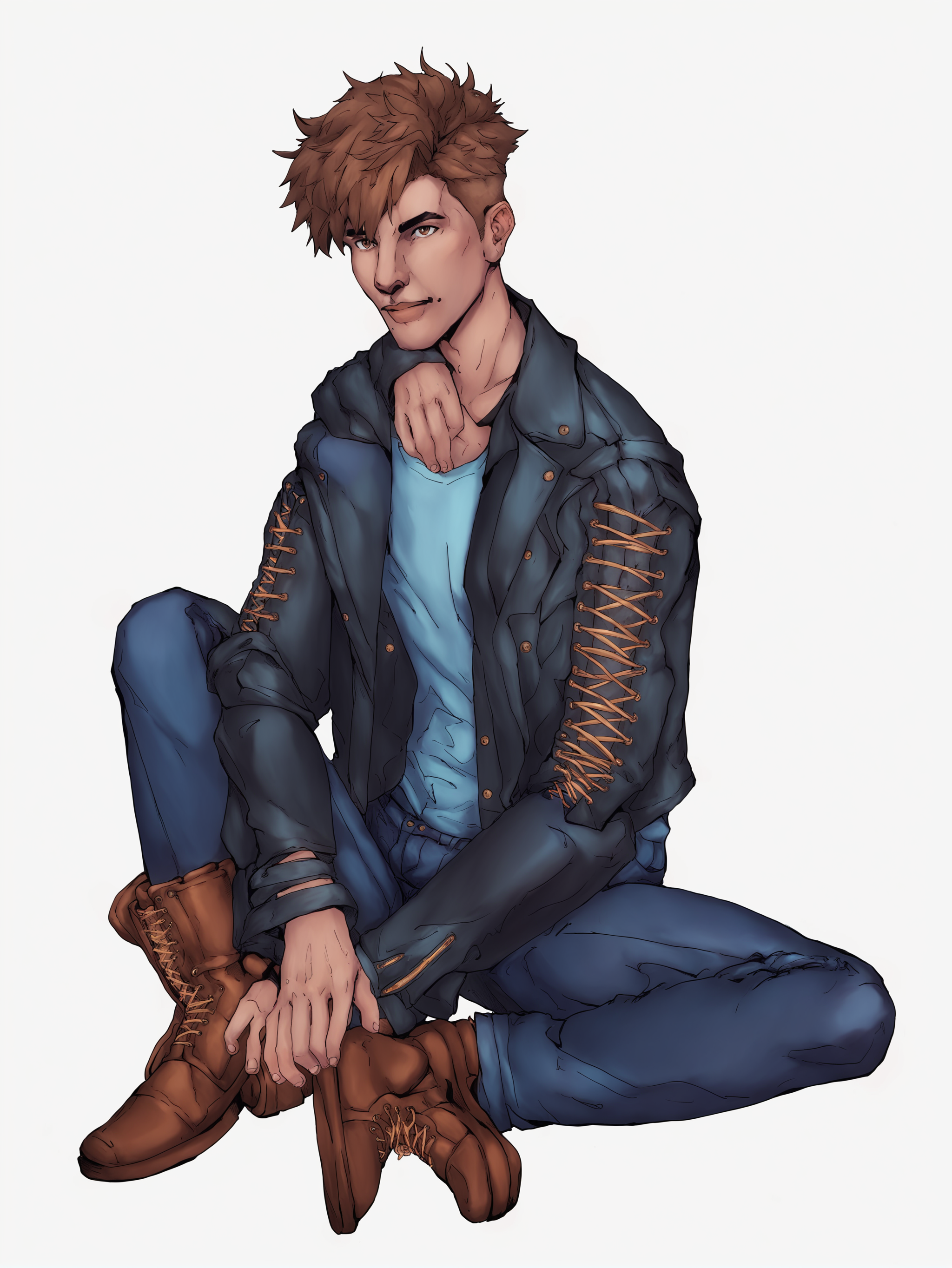 Duskfallcrew Art Style, solo, looking at viewer, simple background, brown hair, shirt, 1boy, white background, brown eyes, sitting, jacket, full body, male focus, boots, pants, open jacket, black jacket, brown footwear, blue shirt, denim, jeans, leather, leather jacket, score_9_up, score_8_up, score_7_up, score_6_up, source_cartoon , <lora:dskartponyxl:0.8>