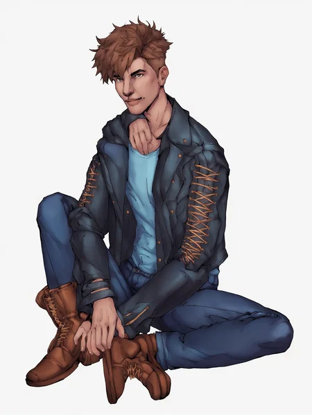 Duskfallcrew Art Style, solo, looking at viewer, simple background, brown hair, shirt, 1boy, white background, brown eyes, sitting, jacket, full body, male focus, boots, pants, open jacket, black jacket, brown footwear, blue shirt, denim, jeans, leather, leather jacket, score_9_up, score_8_up, score_7_up, score_6_up, source_cartoon , <lora:dskartponyxl:0.8>