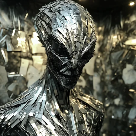 franglamex professional alien made of metal, high details and very detailed, cinematic, professional light<lora:franglamex:1>