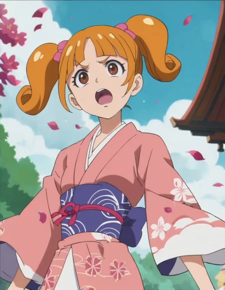 score_9, score_8_up, score_7_up, anime screencap,(1girl, solo:1.0),twintails, japanese clothes, open mouth, kimono,short hair, orange hair, brown eyes<lora:IchijoRankoV2:0.8>