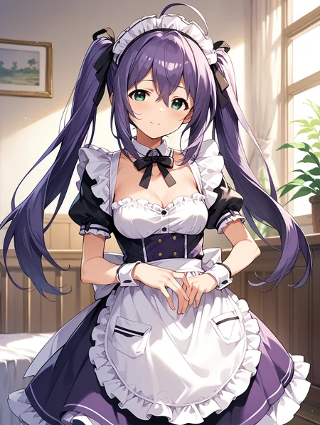 score_9,score_8_up,score_7_up,
official art,official style,game cg,megami magazine,
uncensored,
1girl,solo,
mochizuki anna,purple hair,green eyes,ahoge,long hair,twintails,
purple dress,maid headdress,maid,
<lora:idolmaster_mochizuki_anna_pony_v1.1-000006:1>,
