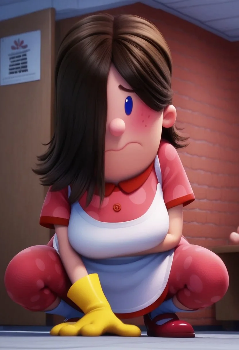 edith (captain underpants), 1girl, dark brown hair, hair over one eye, hair covering one eye, dot blue eyes, freckles, blush, pink polka dot dress, short sleeves, white apron, yellow dishwashing gloves, pink mary janes, white socks, plump, curvy, Expressiveh, score_8_up, score_7_up, BREAK, 1girl, solo, cute, from below, head tilt, crouching, ninja pose, looking at viewer, detailed background, 4k, masterpiece, best quality, highly detailed, realistic, low-angle shot, realistic, 3d, no neck, chibi, wavy mouth, horny,