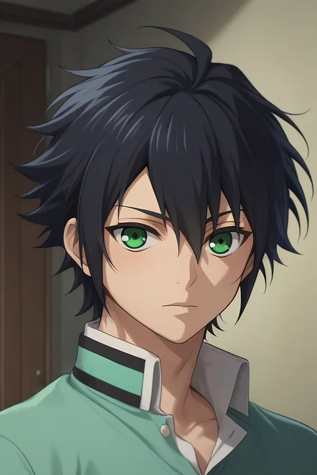 score_9, score_8_up, score_7_up, source_anime, intricate details, , looking at viewer, , depth of field, 1boy, solo, male focus, <lora:yuuichirou_hyakuya_pony:0.94>, yuuichirou_hyakuya, black hair, green eyes, short hair, hair between eyes, , alternate history, , <lora:sdxl_lightning_8step_lora:1>