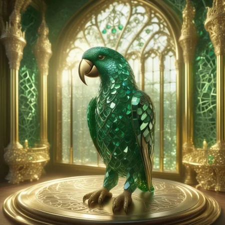 A emeraldmorph parrot, crafted entirely from emeralds, its facets shimmering brilliantly in the soft light. The parrot is perched gracefully in an ornate antique gold cage, its intricate bars and filigree glinting with aged splendor. The cage is situated before a grand, arched window in a Victorian mansion, where sunlight streams through intricate stained glass, casting a kaleidoscope of colors on the polished wooden floor and velvet curtains.