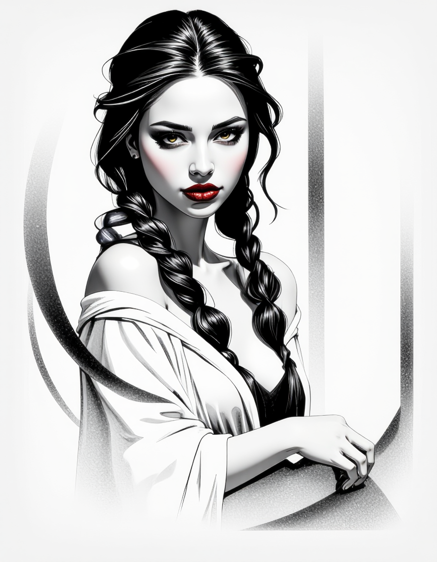 zavy-fnrt , This is a highly detailed, hyper-realistic black and white drawing of a young woman with a striking expression. She has a fair complexion, long, wavy hair styled in two braids that fall over her shoulders, and dark, expressive eyes that gaze directly at the viewer. Her lips are full and painted in a deep, rich shade of red, adding a dramatic contrast to the monochromatic background. She is partially draped in a loose, flowing garment that is rendered with soft, feathery strokes, giving it a delicate, almost ethereal texture. Her physique is slender, and she is posed in a three-quarter view, turning her head slightly to the left. The background is minimalistic and abstract, consisting of soft, smudged lines and gradients that emphasize the subject without distracting from her features. The overall style of the drawing is highly realistic, with meticulous attention to detail in the textures and shadows, creating a sense of depth and realism. The image conveys a sense of intimacy and sensualism. <lora:ck-greasepencil__:1> <lora:Add_More_details_Flux:1>