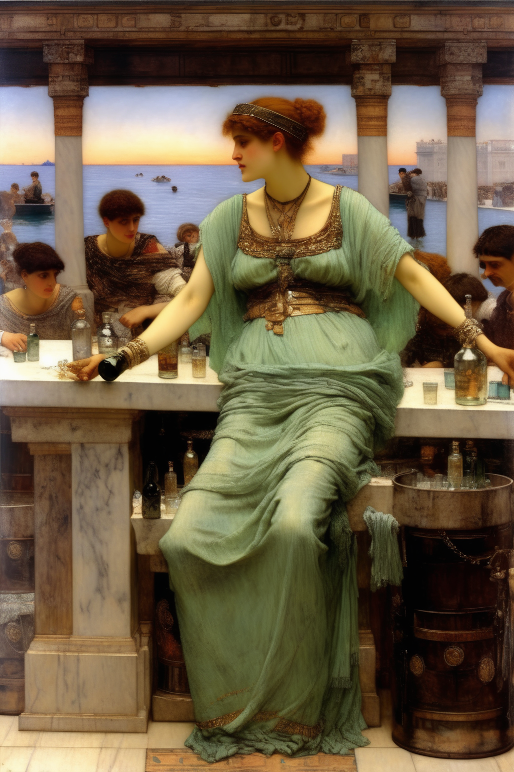 <lora:Lawrence Alma Tadema Style:1>Lawrence Alma Tadema Style - Anna Alma-Tadema in a bar at night painting eight people with many drinks and bottles