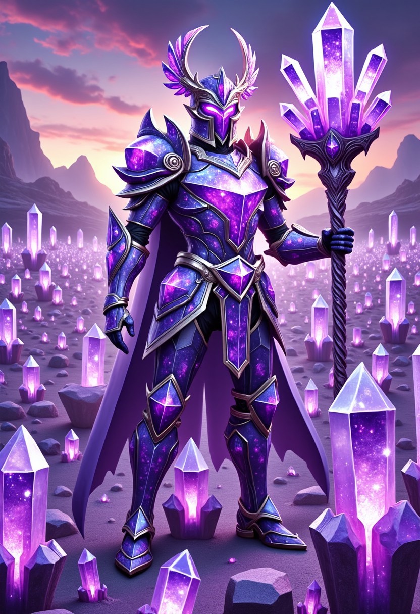 A majestic figure standing amidst a field of glowing sparkling amethyst crystals, their armor intricately embedded with shimmering violet gemstones. The guardian’s eyes glow softly with a radiant amethyst hue, exuding calm yet powerful energy. In one hand, they hold a staff topped with a massive, glowing amethyst crystal, radiating an aura of protection. The background is a surreal twilight landscape with distant mountains and a sky painted in soft lavender and pink gradients, illuminated by the reflection of the crystal field. Cinematic wide-angle perspective with dramatic lighting and intricate detail.