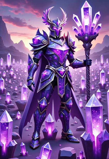 A majestic figure standing amidst a field of glowing sparkling amethyst crystals, their armor intricately embedded with shimmering violet gemstones. The guardian’s eyes glow softly with a radiant amethyst hue, exuding calm yet powerful energy. In one hand, they hold a staff topped with a massive, glowing amethyst crystal, radiating an aura of protection. The background is a surreal twilight landscape with distant mountains and a sky painted in soft lavender and pink gradients, illuminated by the reflection of the crystal field. Cinematic wide-angle perspective with dramatic lighting and intricate detail.