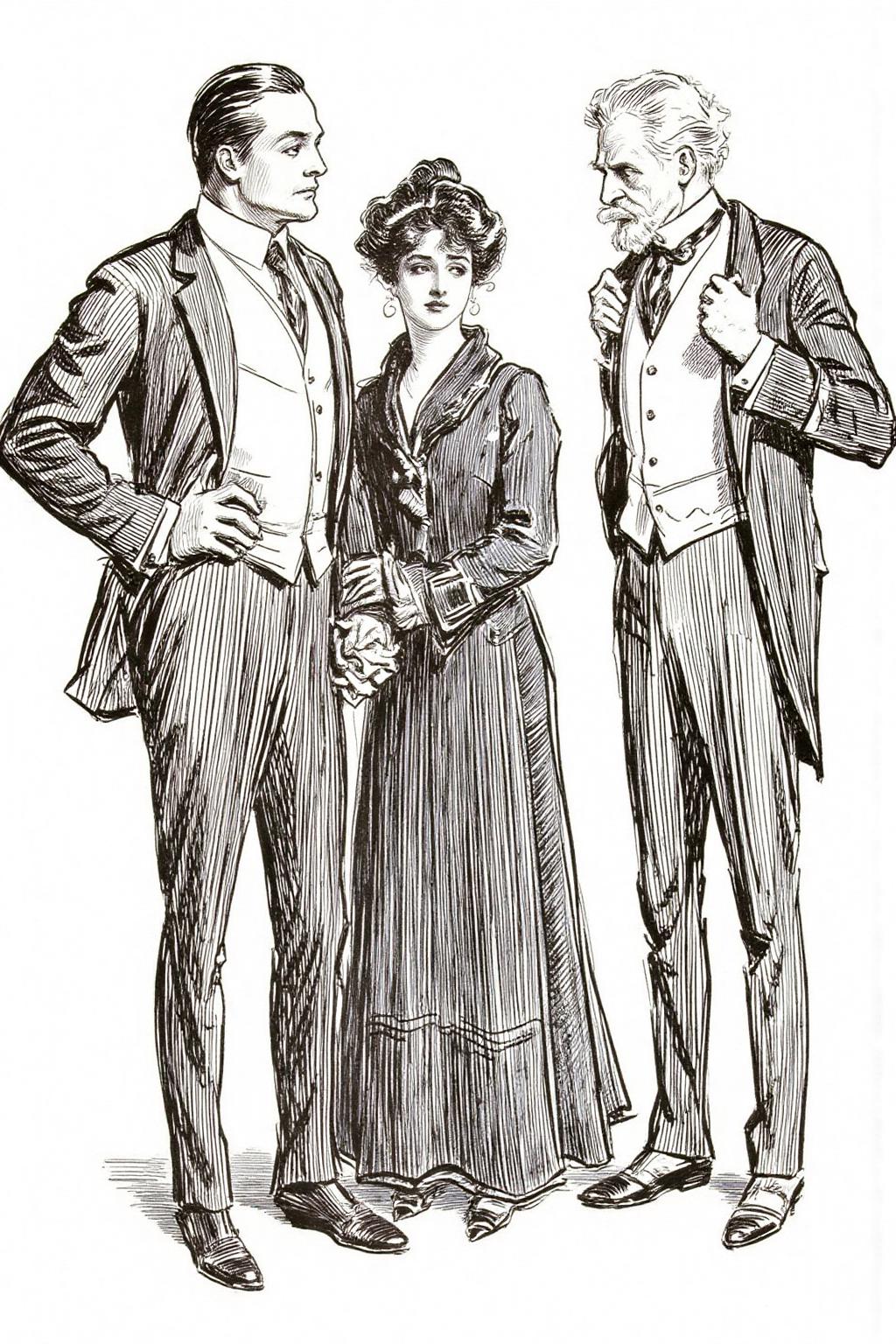 charlesdgibson1 illustration.
The image depicts two men and a woman, all dressed in formal attire. On the left, a tall young man with slicked-back hair and a stern expression stands with his hands on his hips. In the center, a young woman is holding the young man's arm. On the right stands an elderly man with white hair and a beard. <lora:charlesdgibson1_cap_d8a4:1.0><lora:840165061591963967:0>
