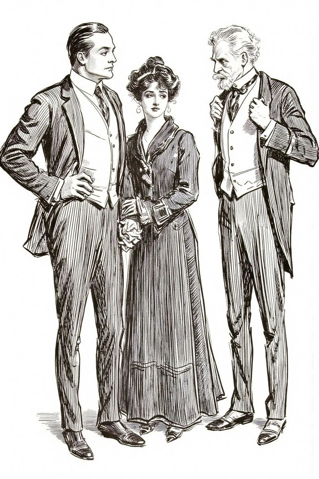 charlesdgibson1 illustration.
The image depicts two men and a woman, all dressed in formal attire. On the left, a tall young man with slicked-back hair and a stern expression stands with his hands on his hips. In the center, a young woman is holding the young man's arm. On the right stands an elderly man with white hair and a beard. <lora:charlesdgibson1_cap_d8a4:1.0><lora:840165061591963967:0>