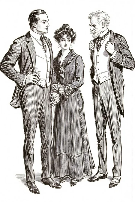 charlesdgibson1 illustration.
The image depicts two men and a woman, all dressed in formal attire. On the left, a tall young man with slicked-back hair and a stern expression stands with his hands on his hips. In the center, a young woman is holding the young man's arm. On the right stands an elderly man with white hair and a beard. <lora:charlesdgibson1_cap_d8a4:1.0><lora:840165061591963967:0>