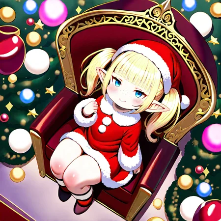 1girl, solo, best quality, very aesthetic, (((masterpiece))), lalafell, pointy ears, shortstack. blue eyes, blonde, twintails, santa outfit, christmas, red dress, santa hat, cute, blush, ((mesugaki)), sitting, blush, arrogant, from above, quality, throne, throne room, candy, <lora:e9f3f5cc-3ec3-4b47-b8a9-c1cf70ef5f34:1.4>, <lora:mesugaki_Illust_v1:0.8>, <lora:bad_prompt_version2-neg:1>, <lora:Christmas_Candy:1>
