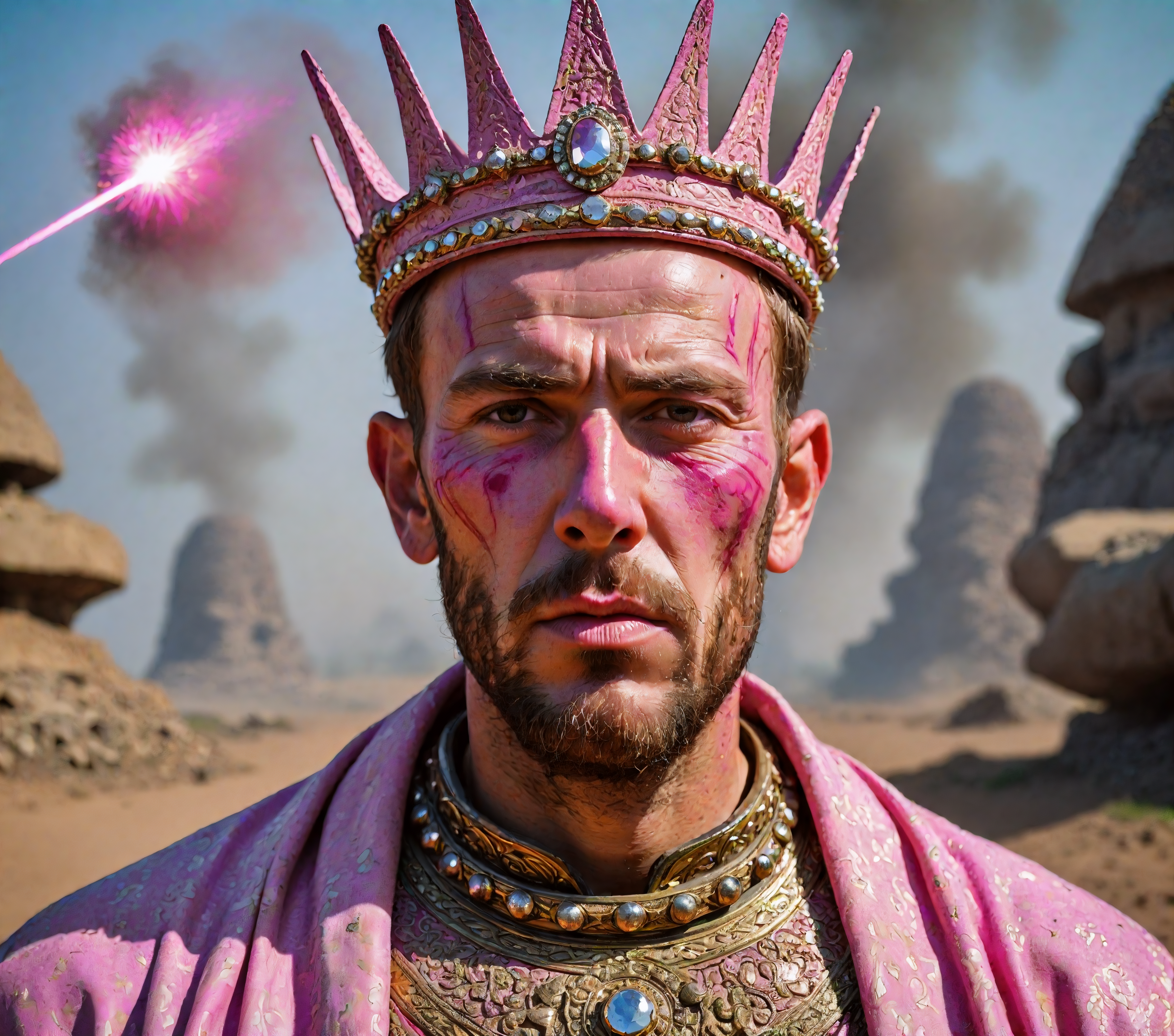resembling man's face, pink laser crown, enigmatic figure, ruined battlefield, deep emotional narrative, at the focal point, artistic emile claus inspiration, ceremonial garb, crown of pink lasers on the forehead, adorned in ceremonial garb featuring intricate designs around their forehead, the surroundings are characterized by high casualties and destruction