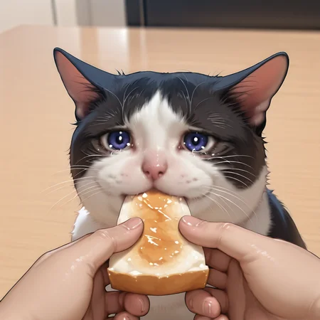 masterpiece, best quality,sad cat meme, cry,animal focus, cat, animal, out of frame, realistic, eating, food, no humans, holding, pov, solo focus, pov hands,
, <lora:sad_cat_meme_illus:0.8>,