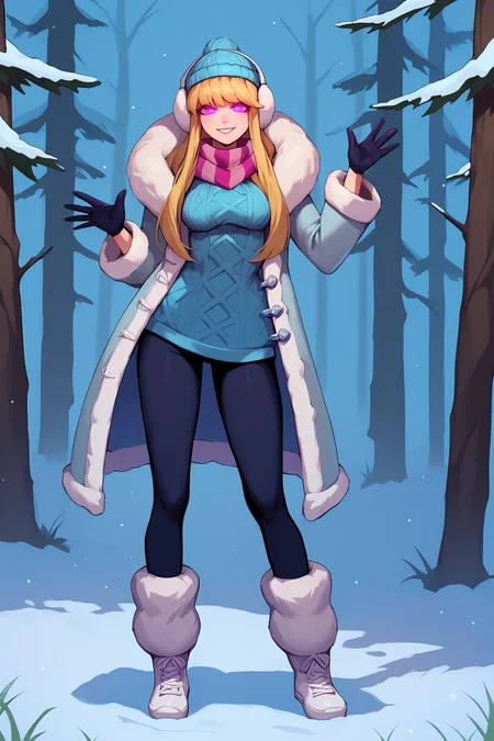 score_9, score_8_up, score_7_up, score_6_up, BREAK, SyndraSDayXL, purple eyes, glowing eyes, blonde hair, long hair, bangs, blue beanie, white earmuffs, medium breasts, pink striped scarf, winter coat, blue sweater, black gloves, black pants, leg warmers, white footwear, solo, full body, standing, waving, seductive smile, looking at viewer, forest, tree <lora:SyndraSDayXL:1>