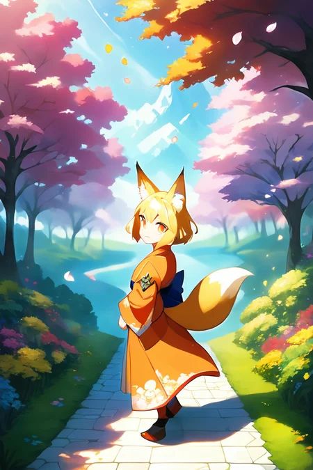 score_9, score_8_up, score_7_up, score_6_up, (masterpiece, best quality:1.2), highres, best illustration, 8k wallpaper, (Traditional Media), (2d:1.2), wide shot, (dynamic angle:1.1), , outline, ((thick lineart)), cover, stylish, official art, (details:1.2), (fantasy), garden, (bloom:1.1), glow:0.2, shadow, nature, cherry blossoms, particles, (depth of field), sharp focus, (volumetric lighting), (bokeh:0.6), film grain:0.4, day, (soft lighting:1.1), youukkoo, blonde hair, short hair, fox ears, orange kimono, orange eyes, animal ear fluff, looking at viewer <lora:Sengoku_Youko_XL_00_01:1>