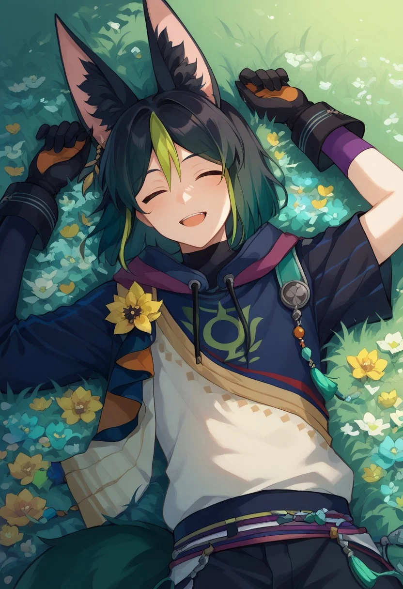 score_9, score_8_up, score_7_up, source_anime, highly detailed,
Tighnari, 1boy, male focus, solo, fox boy, animal ears, animal ear fluff, fox ears, fox tail, multicolored hair, streaked hair, blunt ends, hair between eyes, black hair, green hair, bangs,closed eyes, multicolored clothes, hoodie, hood, blue hoodie, drawstring, asymmetrical sleeves, gloves, black gloves, open mouth, smile,
outdoor, flowers, lying, on ground, on back,