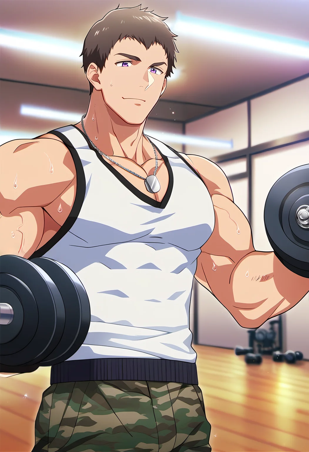 <lora:SeijiShingen:0.7>, ((source_anime)), anime, best quality, amazing quality, best aesthetic, amazing aesthetic, absurdres, year2023, Seiji_Shingen, brown hair, purple eyes, 1boy, solo, bara, pectorals, muscular, mature male, large pectorals, pectoral cleavage, white tanktop, camouflage_pants, necklace, lifting, bicep curl, dumbbell, sweating, BREAK
detailed background, indoors, gym