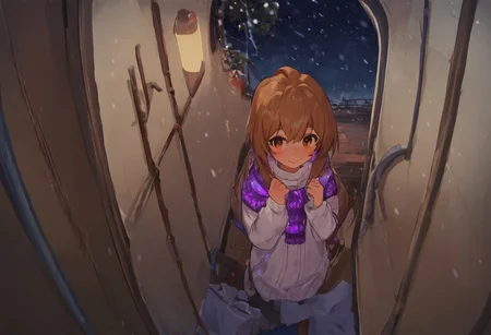 score_9, score_8_up, score_7_up, score_6_up, Aisaka_Taiga, 1girl, perfect face, cute, petite, brown eyes, colored inner hair, glowing hair, long hair, purple glowing scarf, white sweater, winter, snowing, glowing snowflakes, blush, shy smile, shy look, night, dimmed light, train, inside, compartment car, corridor, snow, from above, fisheye
