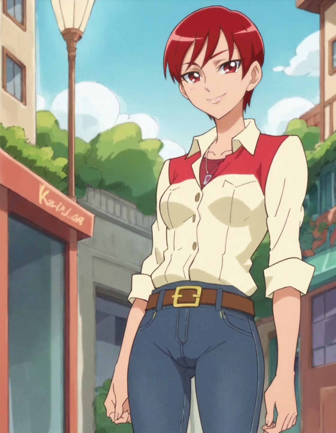 score_9, score_8_up, score_7_up, anime screencap, solo,1girl,kenjouakira,  shirt,pants, denim, belt, jeans,  smile,  jewelry, looking at viewer,   cowboy shot,medium breasts,wide hip,cameltoe <lora:kenjouakira:0.8>