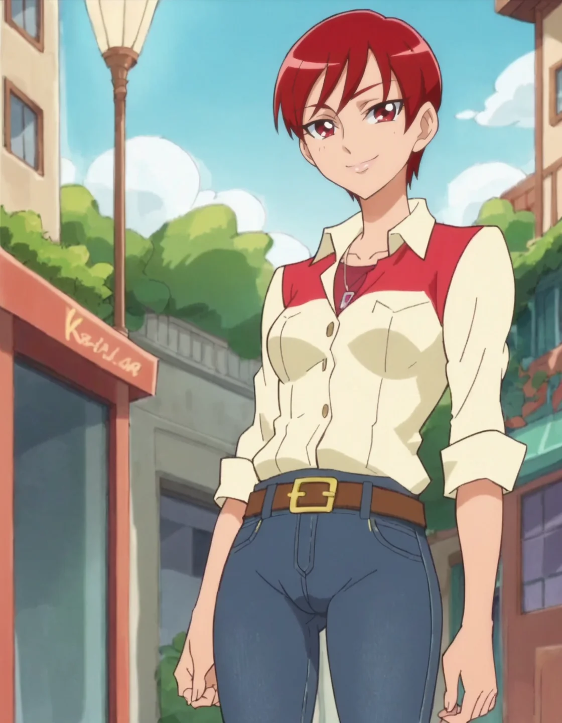 score_9, score_8_up, score_7_up, anime screencap, solo,1girl,kenjouakira, shirt,pants, denim, belt, jeans, smile, jewelry, looking at viewer, cowboy shot,medium breasts,wide hip,cameltoe <lora:kenjouakira:0.8>