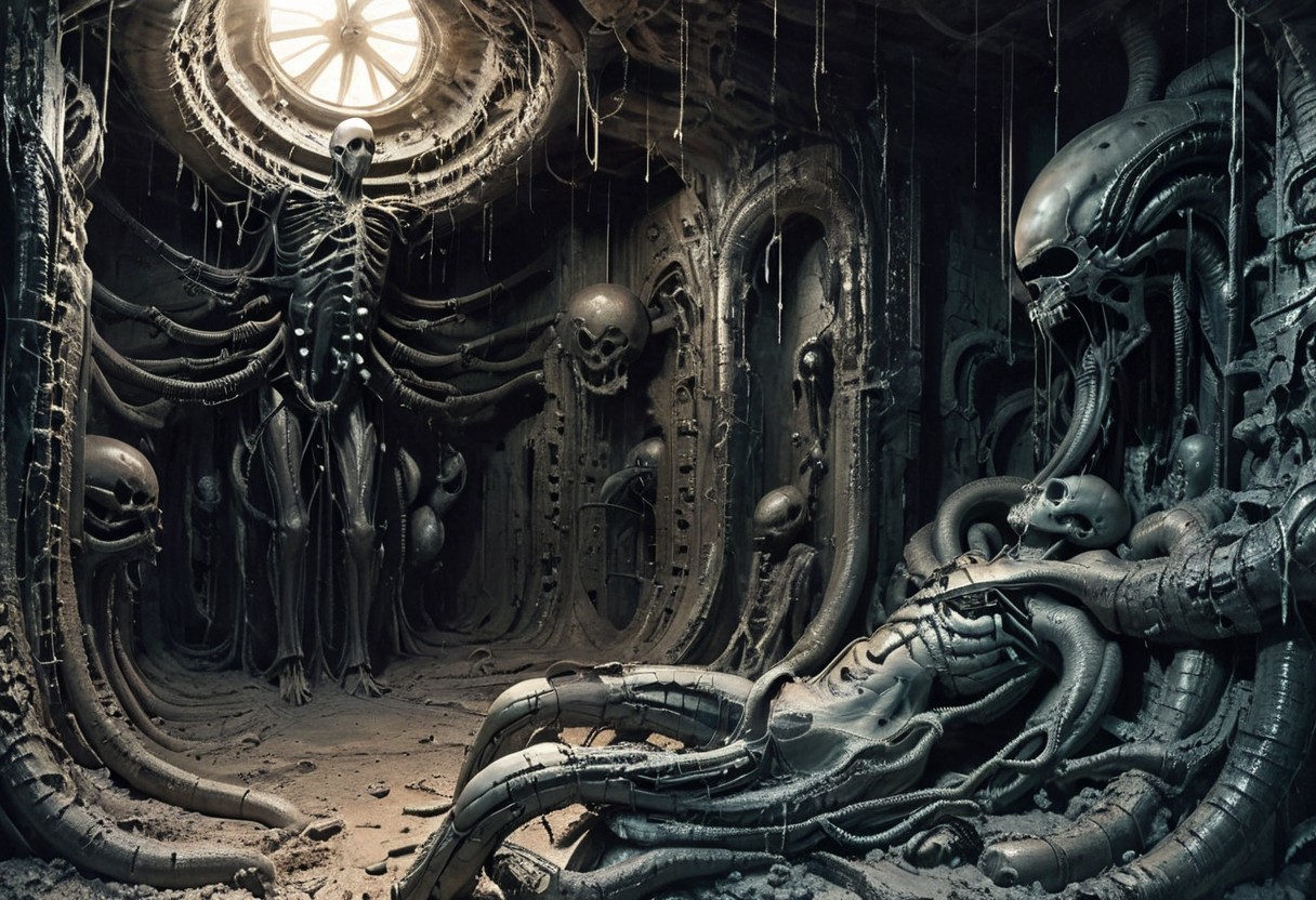 birthing room, cold, destitute, highly detailed, abandoned factory, enormous, metallic walls echo with the haunting hum of machinery long silenced, nightmares of cosmic gods, elongated limbs write with pulsating veins, translucent skin pulled tight over skull, cryogenic eggs laqurered in obsidian, network of luminescent tendrils, eyes multifaceted, unblinking, conveyor belt snakes through as eggs the size of a small car, are pushed out, gigantic, slick shiny black and grey, epic, collosus, megalomania, a grotesque nasty nightmarish queen, ventilator, forced to birth, giving birth to hundreds of grotesque beings, drones, scuttering, epic, mass of flesh, transparent eggs, veiny membrane, two scientists taking observing, taking note, tentacles, transparent slime, breathing tubes, skip clip:773, energy leech, tiny scientists are observing taking notes, latched on eggs with embryo, style of H. R. Giger, 
Highly detailed. FRESHIDEAS Sci-fi scenes, realistic, obscene, unappealing, hellish, gross, vats of flesh bubbling, unimaginable, scary, disgusted, cosmic horror, neonnightmare, crying, melting, giant skeletal skulls ofalien origin embedded in the rock face, metalic, cold, religious horror, color graded cinematic, eye catchlights, atmospheric lighting, macro shot, skin pores, imperfections