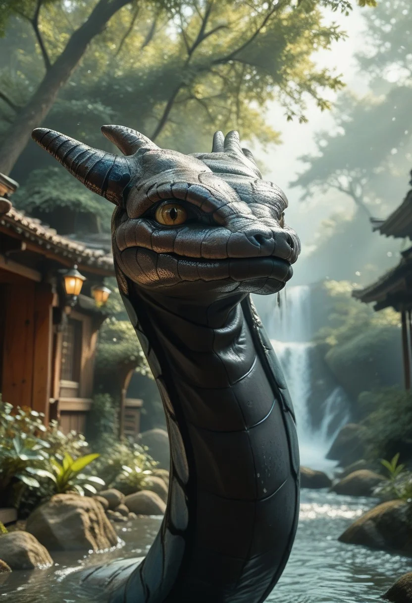 (((score_9, score_8_up, score_7_up)):2.0), source_photo, hyperrealistic, photo, photorealism, realistic lightings, Dynamic Lighting, s1_dram, Warm lighting, Japanese garden, cherry trees, detailed background, (((Naruto_Manda, snake))), slit pupils, green eyes, purple body, body markings, black eye markings, 2 pair of horns, black belly scales, highly detailed, cinematic lighting, realistic shadows, skin texture realistic, masterpiece, award winning photography