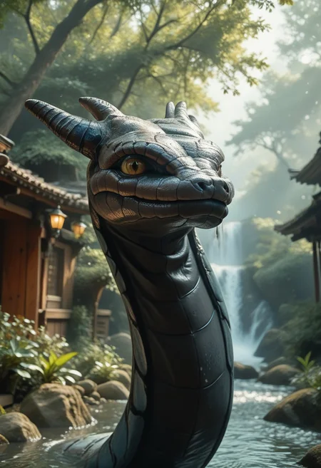 (((score_9, score_8_up, score_7_up)):2.0), source_photo, hyperrealistic, photo, photorealism, realistic lightings, Dynamic Lighting, s1_dram, Warm lighting, Japanese garden, cherry trees, detailed background, (((Naruto_Manda, snake))), slit pupils, green eyes, purple body, body markings, black eye markings, 2 pair of horns, black belly scales, highly detailed, cinematic lighting, realistic shadows, skin texture realistic, masterpiece, award winning photography