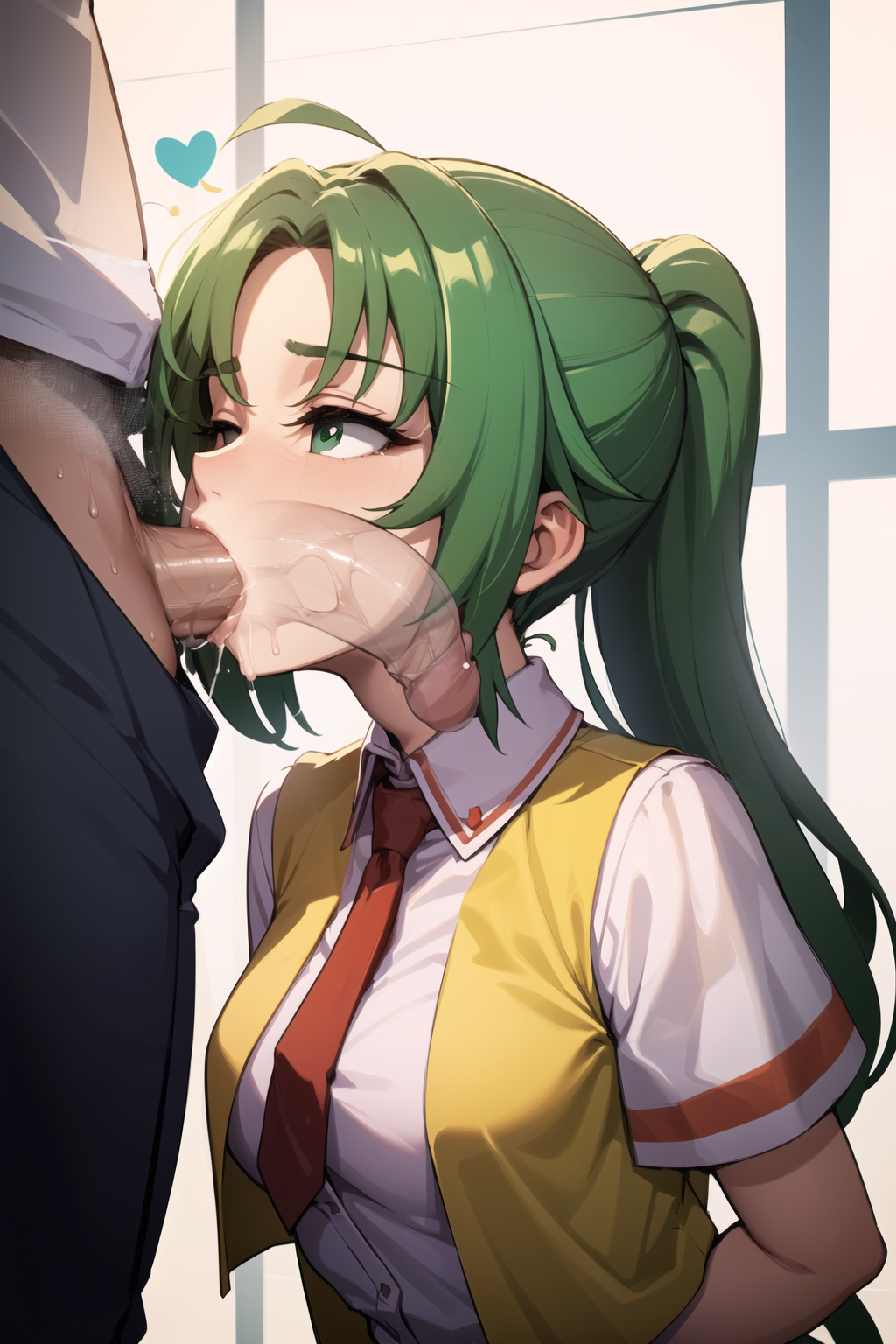 masterpiece, best quality, fellatio, x-ray, penis, 1girl, 1boy,   <lora:X-ray Fellatio 1.5_1-000042:1> <lora:MionFin1024:1> Mion Sonozaki, green eyes, ponytail,, white shirt, red necktie, yellow vest,