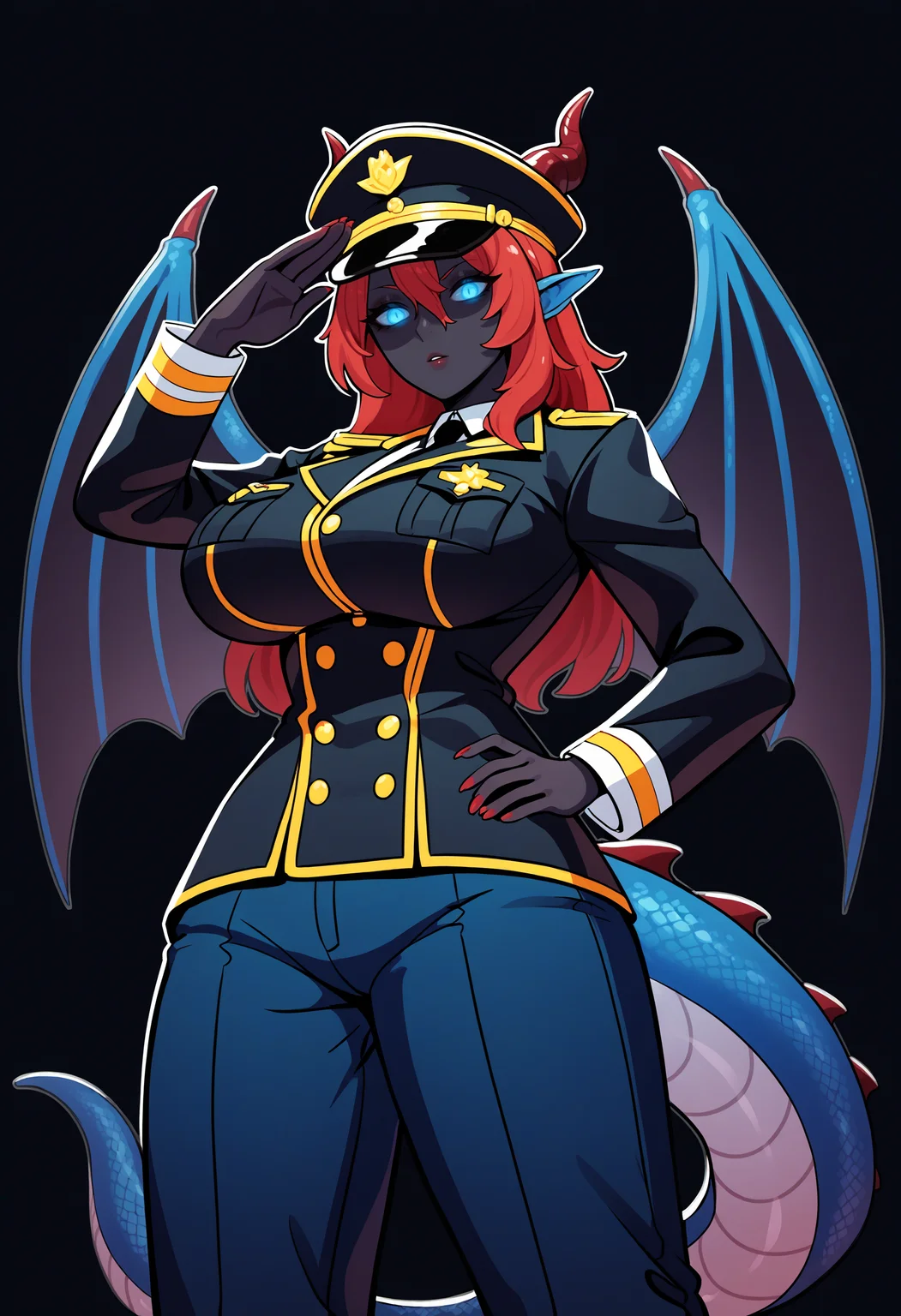 score_9, score_8_up, score_7_up, score_6_up, score_5_up, score_4_up,
BREAK
1girl, (black skin:1.3), colored skin, blue scales, blue eyes, glowing eyes, red hair, dragon horns, dragon girl, dragon tail, dragon wings,
BREAK
solo, black coat, military uniform, military hat, large breasts, salute,
BREAK
black background, simple background, perspective, dynamic pose, <lora:Lunas-5t_0000-SDXL-B1:1>