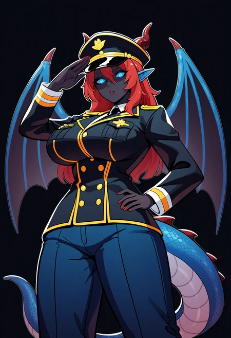score_9, score_8_up, score_7_up, score_6_up, score_5_up, score_4_up,
BREAK
1girl, (black skin:1.3), colored skin, blue scales, blue eyes, glowing eyes, red hair, dragon horns, dragon girl, dragon tail, dragon wings,
BREAK
solo, black coat, military uniform, military hat, large breasts, salute,
BREAK
black background, simple background, perspective, dynamic pose, <lora:Lunas-5t_0000-SDXL-B1:1>