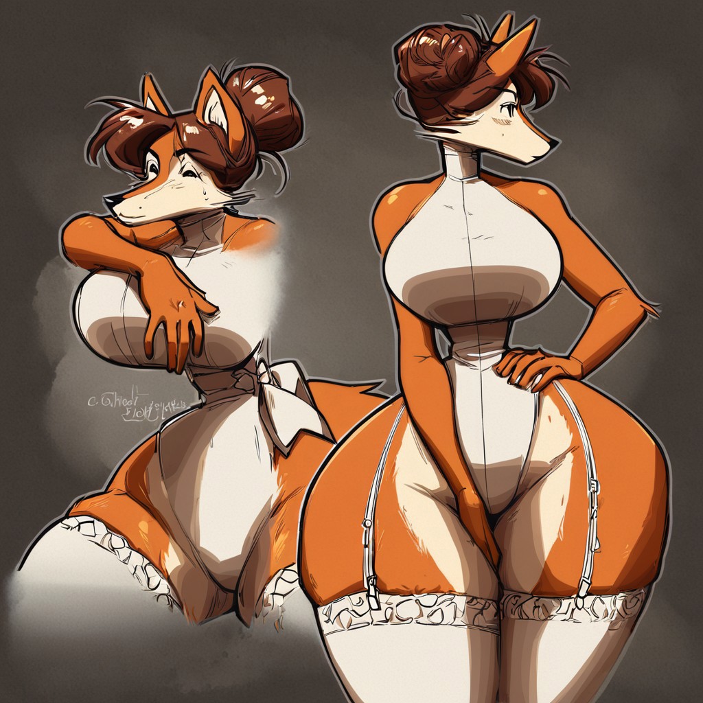 score_9, score_8_up, solo,bare shoulder, bare arms, breasts, leotard, thigh highs,  furry, fluffy, garter straps, cowboy shot , bright colors, (miss fox)(female anthro fox)(tall:1)(hair bun,short brown hair,light orange skin) (whiter face)(fluffy fur)  (thin arms,small waist,big wide hips,big thighs,long legs)