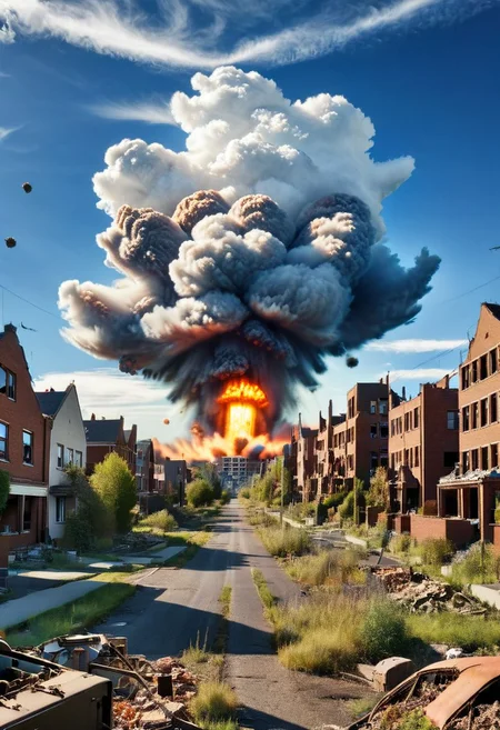 atomic bomb explosion, bustling suburb (seamless blending of photography and digitial illustration: 1.39) (coherency: 1.59) (Highest quality: 1.39) (colorful: 0.79) (photograph components: 1.19) (mixed media: 1.19) (blue skies)