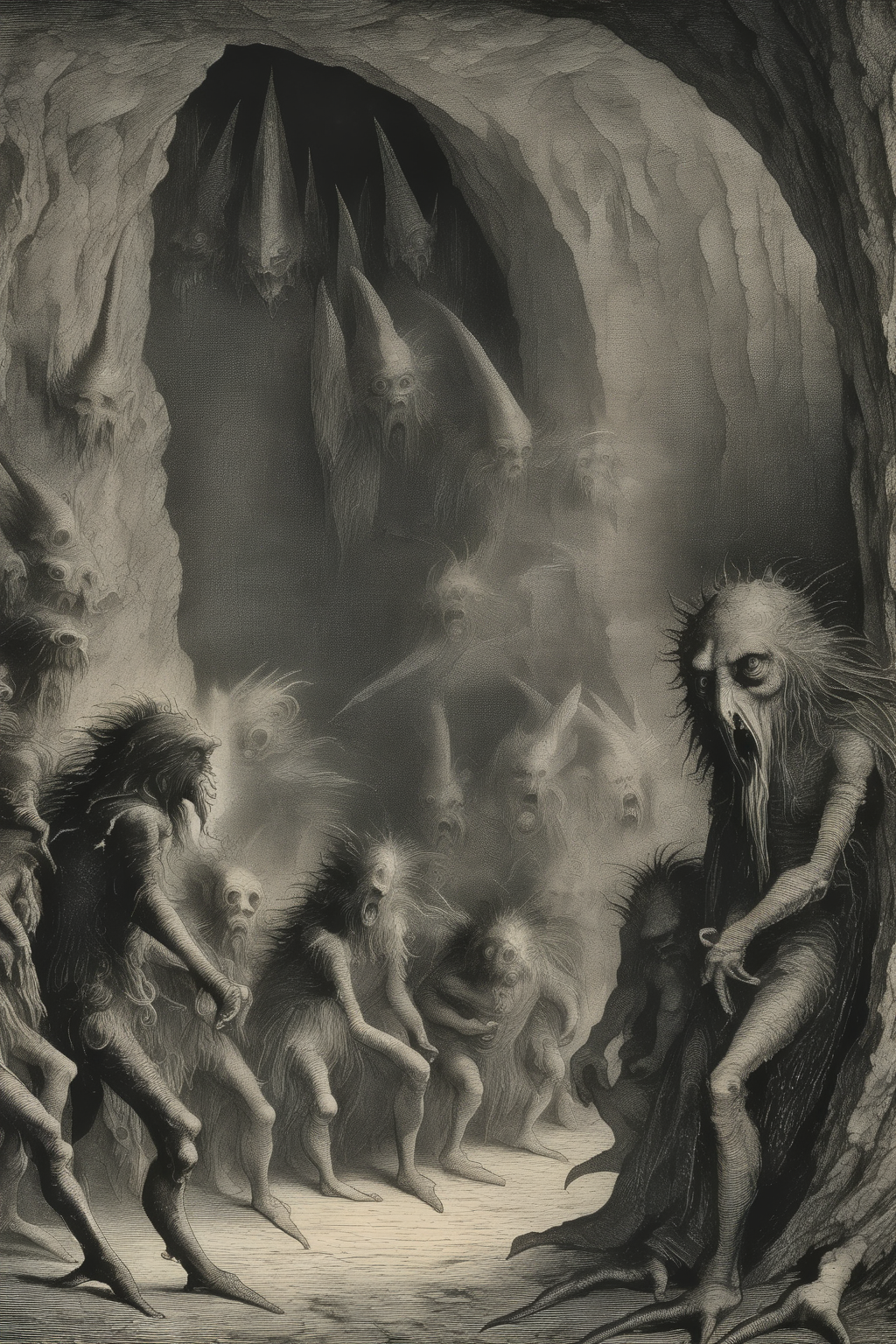 <lora:Gustave Dore Style:1>Gustave Dore Style - detailed gloomy etching in the style of Gustave Dore of a group of 3 strange creatures in the style of Albrecht Durer gathering in the lower part of the image, at the base of a huge underground cave