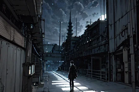 highly insanely detailed, masterpiece, top quality, best quality, highres, 4k, 8k, RAW photo, (very aesthetic, beautiful and aesthetic),
tsutomu nihei,nihei_tsutomu,blame!,blame gakuen!,abara,TNstyle,sidonia_no_kishi,(giant room,tower,city ruins,tunnel,deep horizon,stairs),clouds,lantern,star \(sky\),starry sky,light particles,machinery,ventilation fan,ventilation shaft,dome,walkway,
<lora:blameLora_v10:0.7>,
(1girl:1.3),
solo focus,
OldTaipei,scenery,outdoors,building,power lines,city,alley,street,road,motor vehicle,utility pole,âââ