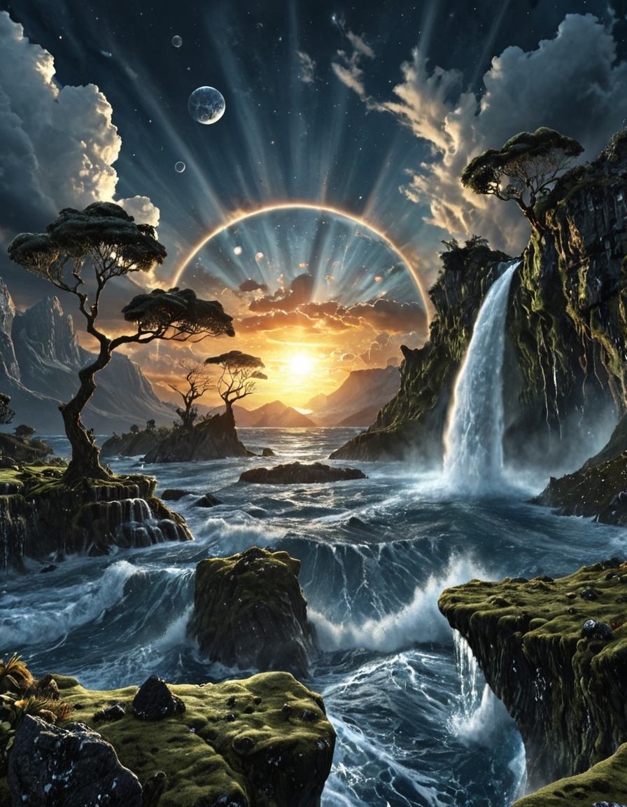 <lora:SW01v1-5xl:1> sw01p_illus, EFFD02, imagination, epic world, halos of light in the darkness of space, sunset, SE12, rich detailed sky, clouds, T10, landscape, mountains, waves, rocks, tree, vegetation, moss, rough sea, waterfall, blue, T1, white, dark blue,