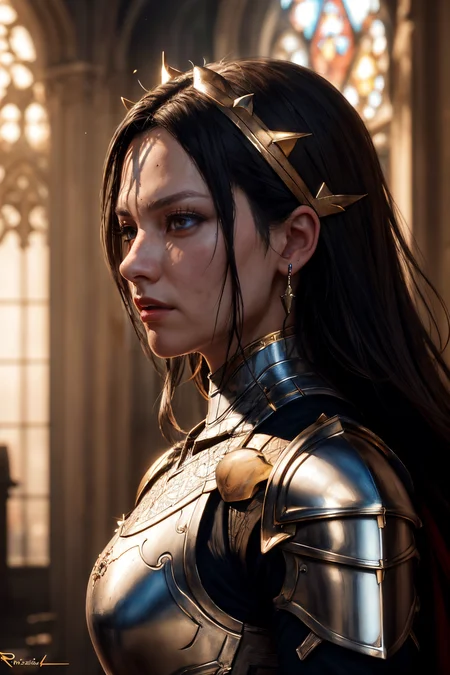 a portrait of a female paladin adorned in holy armor, spiked armor,  standing, intricate background, fantasy, lifelike, from side, 
masterpiece, best quality, intricate detail, high background detail, high contrast,   <lora:emotion_angry_slider_v1:1> raytracing,  <lora:backlight_slider_v10:-1> <lora:contrast_slider_v10:2>,  <lora:skin_slider_v10:0.5>