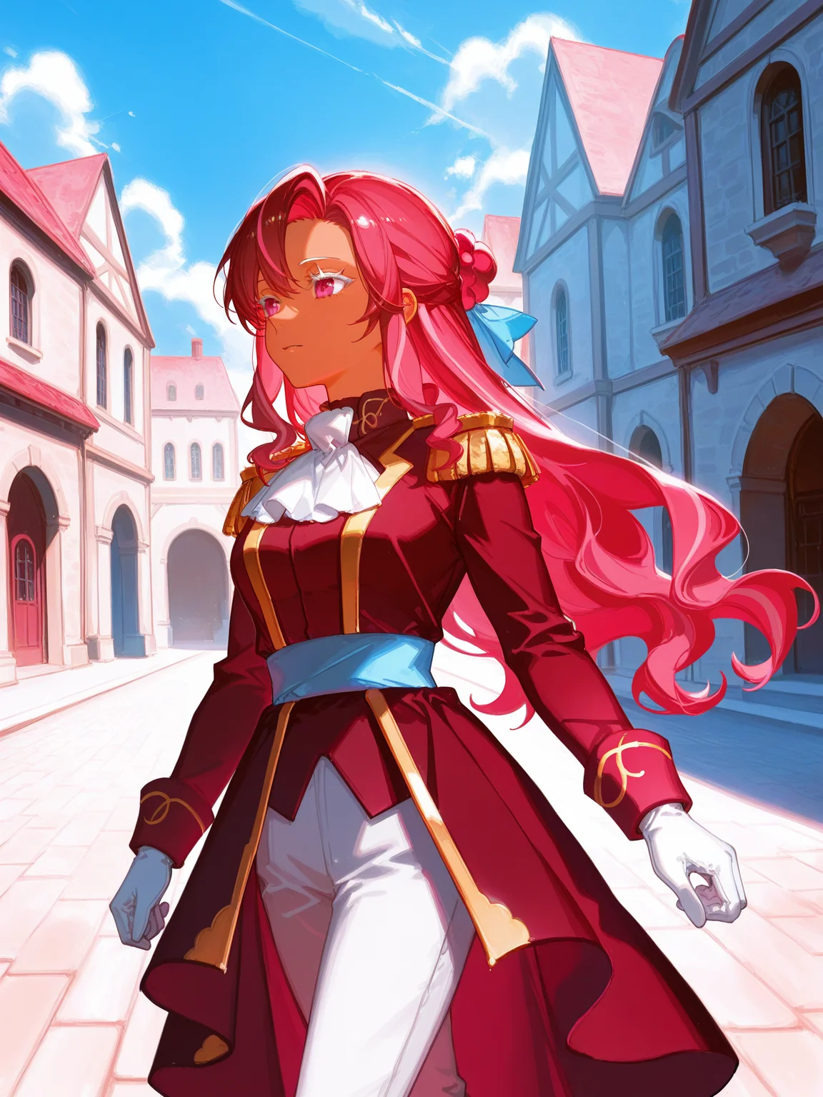 ningen mame, nagasawa tougo, ciloranko,, lazypos, <lora:CRORasbXL:1> CRO_Rasb, 1girl, streaked hair, epaulettes, red coat, white gloves, hair bun, white ascot, long hair, hair ornament, sash, gold trim, white eyelashes, street, medieval, day, sunlight, cloud, outdoors, white pants, walking, cowboy shot, <lora:cfg_scale_boost:0.5> volumetric lighting, dark skin, solo, courtyard,