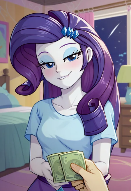 score_9, score_8_up, score_7_up BREAK rarity, human, equestria girls, g4, pov holding money, solo girl, indoors, bedroom at night, night, looking at viewer, correct anatomy, half closed eyes, smiling, biting lips, correct anatomy