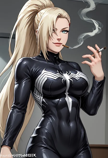 score_9, score_8_up, score_7_up, score_6_up, source_anime,rating_explecit,anime coloring, 1girl , details, <lora:Expressive_H:1> <lora:She Venom LoCon:1> she venom, black detailed bodysuit, full black suit, black suit, big symbols spider , perfect symbols spider, big logo spider white on suit<lora:Symbiote:0.6>,large breast,solo, 1girl, yamanaka ino, hair over one eye, ponytail, hairclip, blonde , long hair, very long hair,silky hair,blue eyes, room solo, walking, crazy smile, black slime almost cover half face,hand , smoking pose,