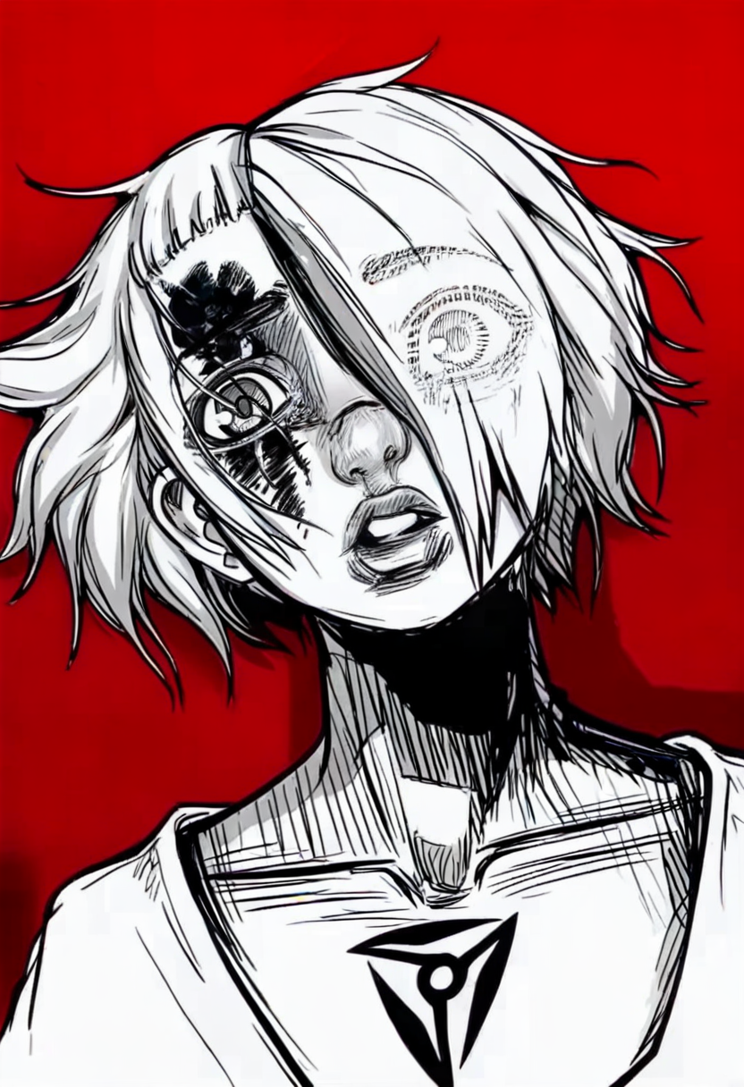 monochrome, greyscale, solo, red background, hair over one eye, short hair, collarbone, tattoo, looking at viewer, male focus, 1boy, 1girl, parted lips <lora:odysseasXL_NBVP1_lokr_V6311PZ:0.95>