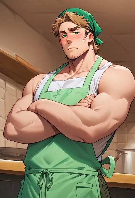 score_9, score_8_up, score_7_up, score_6_up, perfect anatomy, perfect proportions, best quality, masterpiece, high_resolution, high quality, solo male, Gagumber, brown hair, two-tone hair, sideburns, facial hair, stubble, green eyes, thick eyebrows, white tank top, Ziggurat color apron, long apron, Ziggurat color head scarf, green work pants, black boots, standing, crossed arms, slight blush, adult, mature, masculine, manly, handsome, charming, alluring, upper body, dutch angle, cowboy shot