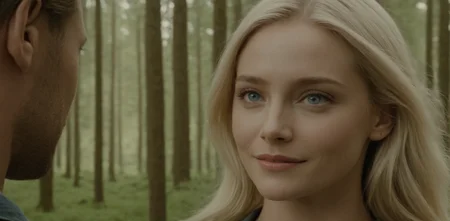 movie still, film still, cinematic, cinematic shot, a woman with blonde hair and blue eyes looks at a man, a picture, photorealism, 8k, forrest in the background, serene smile,<lora:JuggerCineXL2:1.0>