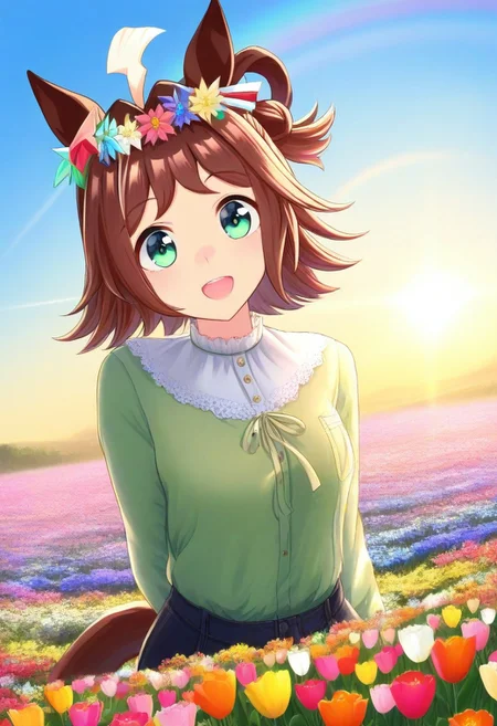 (umamusume, rhein_kraft_(umamusume), horse_ears, horse_girl, tail, 1girl, ahoge, animal_ears,)
casual, field, flower, flower_field, green_eyes, hair_between_eyes, hair_ornament,
head_wreath, looking_at_viewer, solo, aesthetic, absurdres, symmetric ,spiralling vortex made of multicoloured tulips, lush foliage sunrise, ripples, reflective, jaynl-tm, rainbow, , g0ldsw0rthy,
(realistic, photo, artistic, medium_hair, one_eye_closed, petals, relaxing, smile, : 0.7)