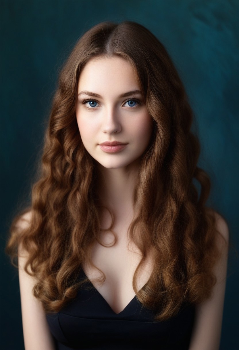 RSWMN, Russian woman, 1girl, solo, realistic, long hair, brown hair, breasts, looking at viewer, cleavage, lips, upper body, medium breasts, wavy hair, blue eyes, curly hair